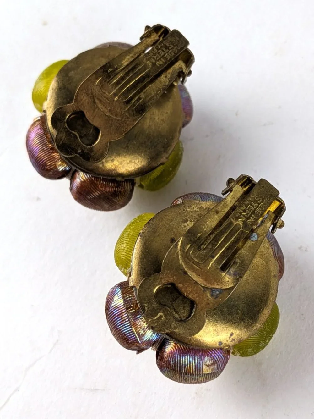 Vintage Iridescent Brown & Lime Green Beaded Clip-On Earrings